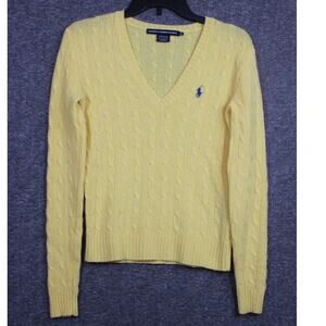 Ralph Lauren Sport 100% Lambs Wool Yellow Cable Knit V-Neck Sweater